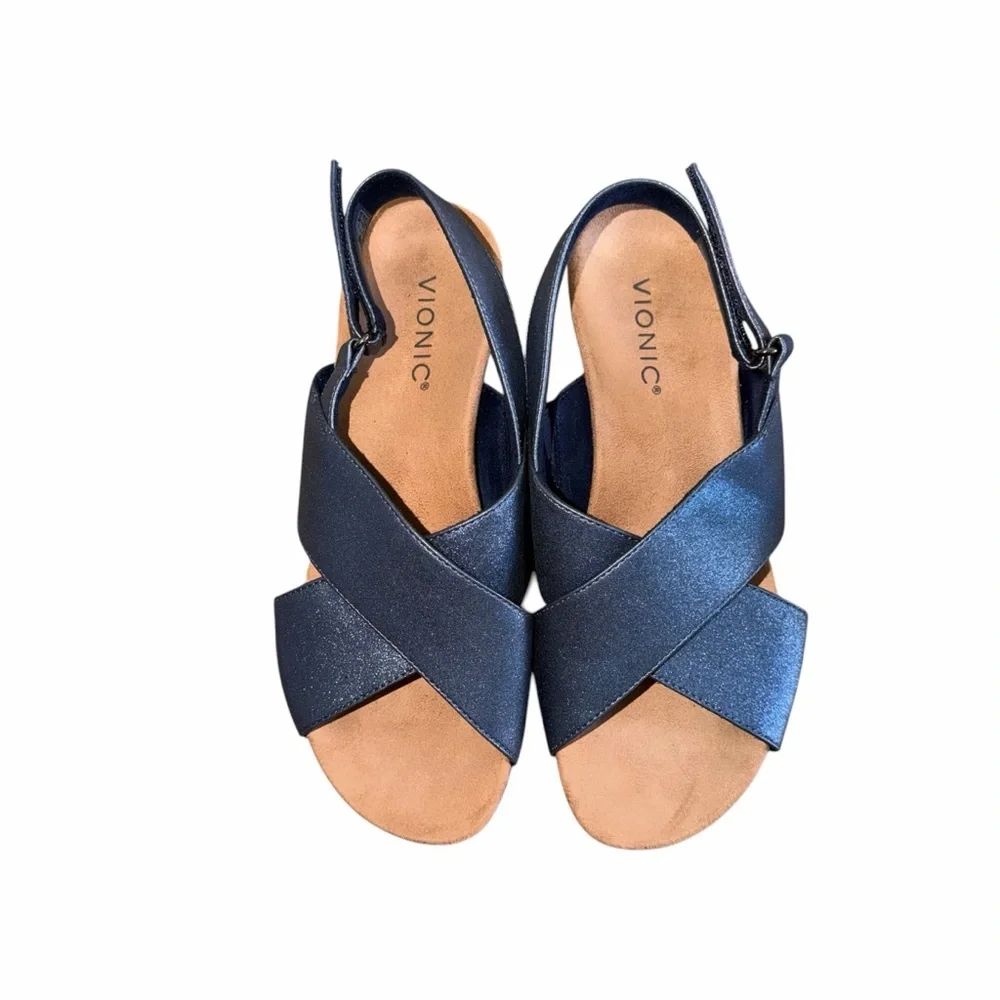 Vionic McKenna Navy Metallic Sandal Wedge Heels Women’s 7.5 - Picture 8 of 10